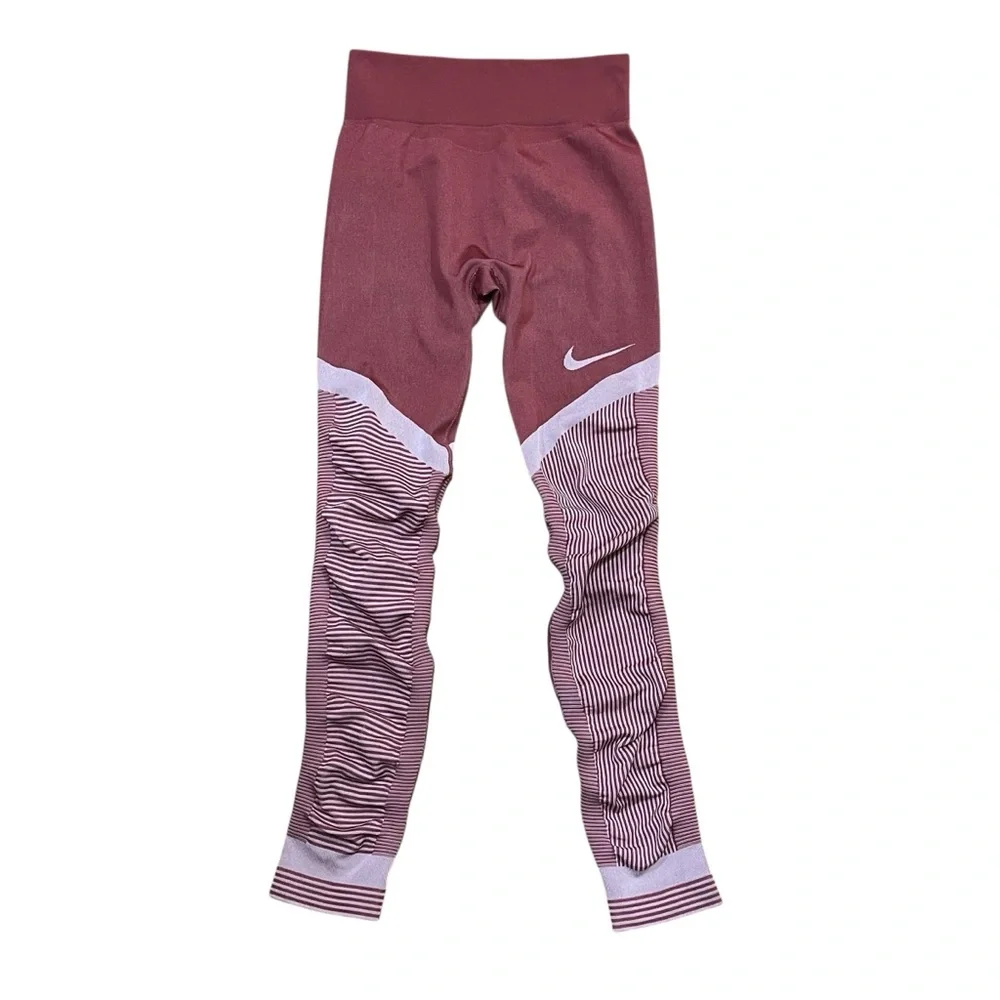 Nike Red Pink Leggings Dri-Fit Striped Ruched Athletic Gym Workout Pants